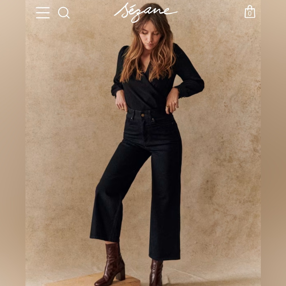 Sezane Le Crop Denim High Rise Black Wide Leg Jeans Size 12 Euro 42